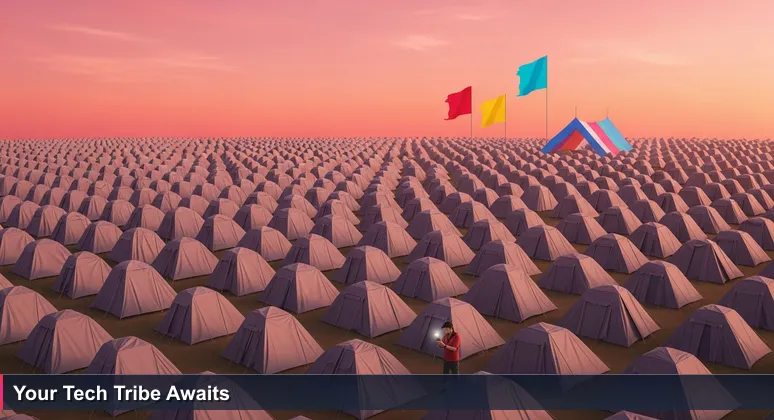 A woman at a dusk tech festival in Tampa raising a colorful flag among tents, symbolizing finding community in the bustling tech scene.