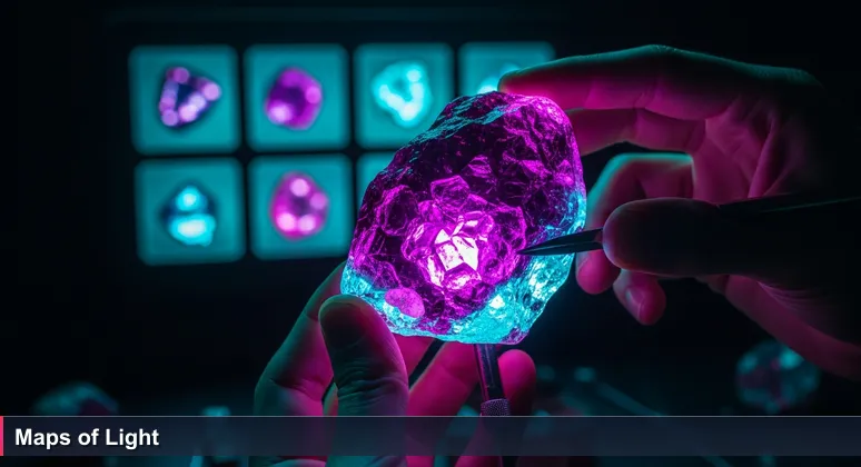 Close-up of a gem cutter's hands examining a rough amethyst at Marché du Mont-Bouët in Libreville, symbolizing AI startups revealing value in Gabon's raw data.