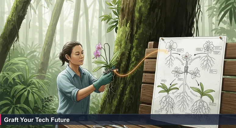 A gardener in Libreville's Arboretum de Sibang grafting an orchid onto a tree, symbolizing Gabon's structured tech career growth with digital blueprints in the background.