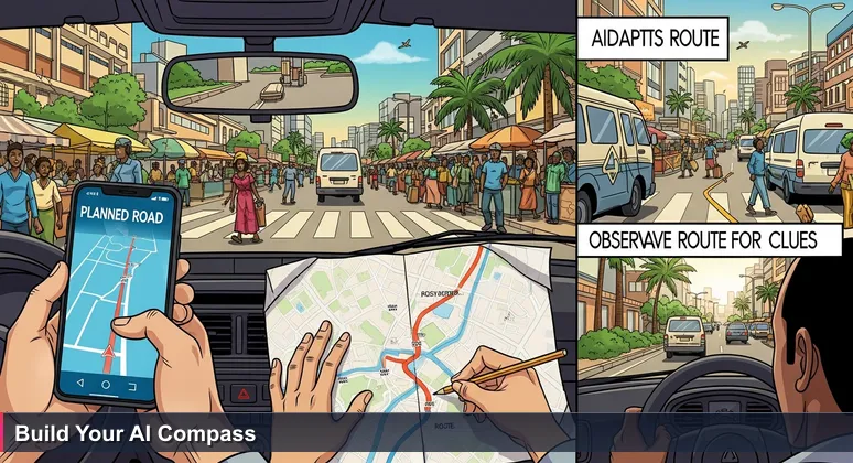A driver in Libreville at a chaotic intersection, looking at a phone GPS showing a planned route while the actual road is obscured by market stalls and traffic, symbolizing adapting AI skills to local reality.