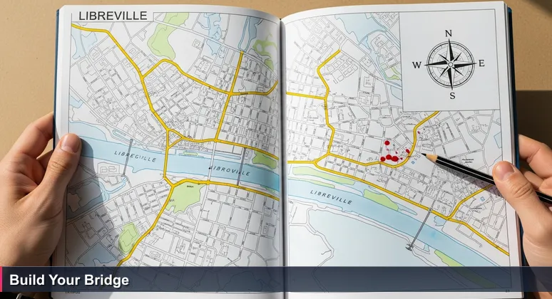 A close-up of hands holding a map of Libreville with highlighted routes stopping at the river, symbolizing the funding gap for tech education in Gabon.