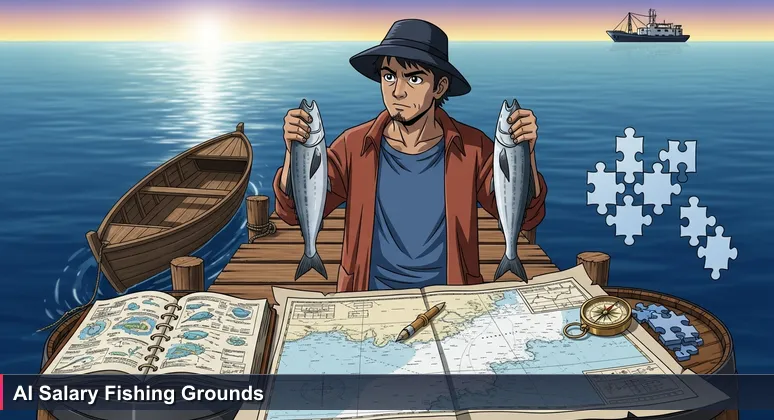 A fisherman in Port-Gentil comparing two fish from different waters, symbolizing AI salary differences based on company tiers in Gabon