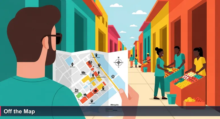 A person in Libreville's Mont-Bouët market holding a map, gazing towards a vibrant unmarked alley where people are networking, symbolizing hidden AI opportunities in Gabon.