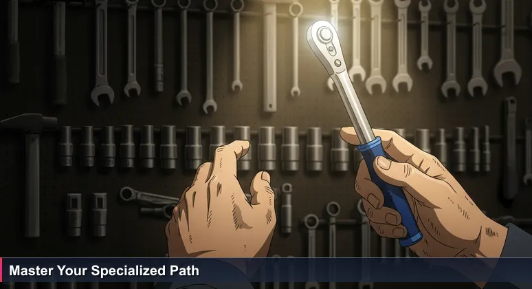 A mechanic's hands in a Libreville auto garage selecting a specialized torque wrench, symbolizing AI career specialization in Gabon's 2026 job market.