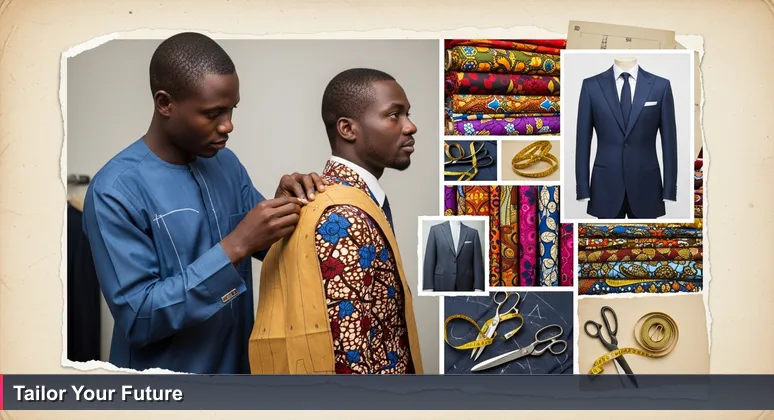 A tailor in Marché Mont-Bouët, Libreville, measuring fabric for a custom garment, symbolizing personalized tech career paths in Gabon.