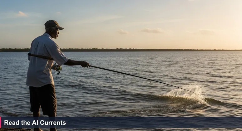 Gabonese fisherman at Pointe Denis reading Ogooué estuary currents, symbolizing navigation in AI bootcamp selection for Gabon's 2026 tech job market.