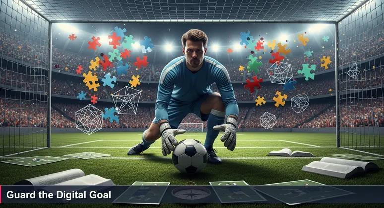 A goalkeeper poised to save a penalty kick in a packed stadium, symbolizing cybersecurity experts defending critical assets in Libreville and across Gabon.