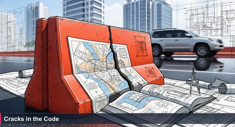 Close-up of a freshly painted concrete road barrier on a Libreville street, showing a deep crack beneath the surface, symbolizing the gap between tech promise and affordability in Gabon.