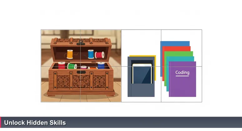 A traditional wooden sewing box in a Libreville home, open to reveal a hidden modern tablet and coding books, symbolizing accessible tech education opportunities.