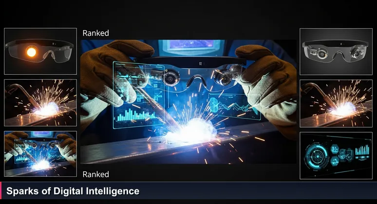 A welder in Gabon uses augmented reality smart glasses showing data streams, symbolizing AI integration in traditional industries like oil and mining.