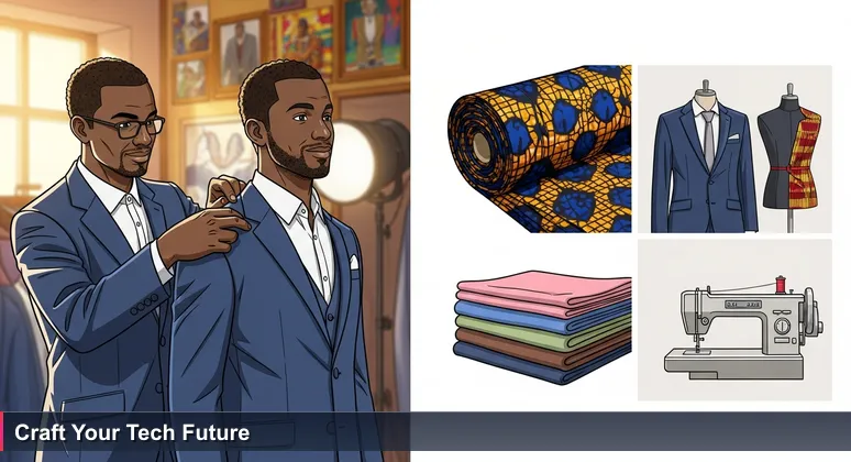 A tailor in a Libreville atelier fitting a modern suit, symbolizing the bespoke choice of tech coworking spaces and incubators for Gabon's tech professionals.