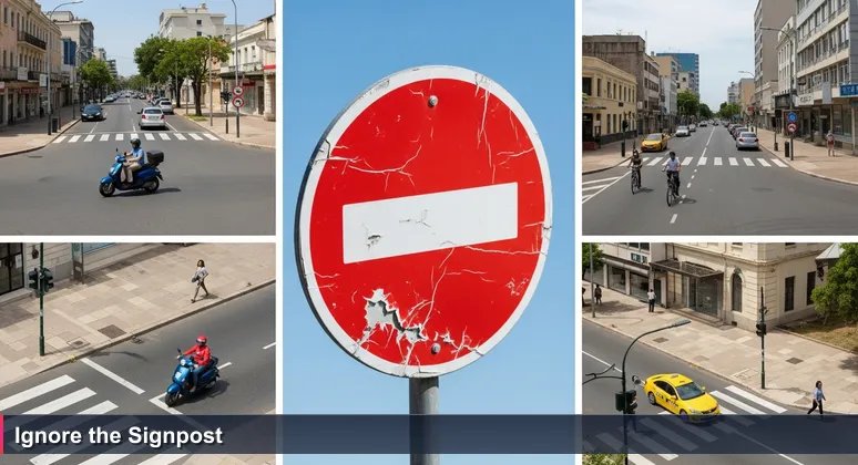 A weathered 'No Entry' sign on a bustling street in Libreville, Gabon, ignored by confident drivers and pedestrians, symbolizing the bypass of degree requirements for tech careers.