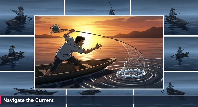 A fisher in a pirogue on the Ogooué River casting a net into a swirling eddy at dusk, symbolizing targeted job search for tech roles in Gabon's startup scene.