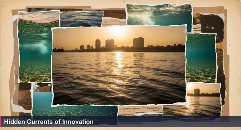 A close-up view of the Nile River at sunset with Cairo's skyline in the background, highlighting the shimmering surface and underwater currents symbolizing Egypt's AI startup depth.