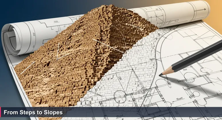 Ancient Saqqara step pyramid with a modern architect's blueprint transforming it into a smooth slope, symbolizing AI career evolution in Egypt