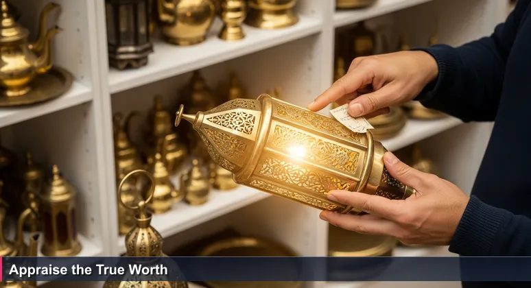 Vendor's hands in Cairo's Khan el-Khalili souk polishing a brass lantern, pointing to a price tag while revealing hidden intricate engravings.