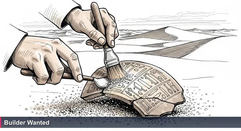 An archaeologist's hands uncovering a pottery shard with ancient hieroglyphs in the Egyptian desert, symbolizing the discovery of tech career opportunities in Egypt for 2026.