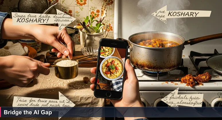 Hands in a Cairo kitchen following a handwritten koshary recipe while a smartphone displays an AI engineering roadmap, symbolizing the journey to tech mastery.