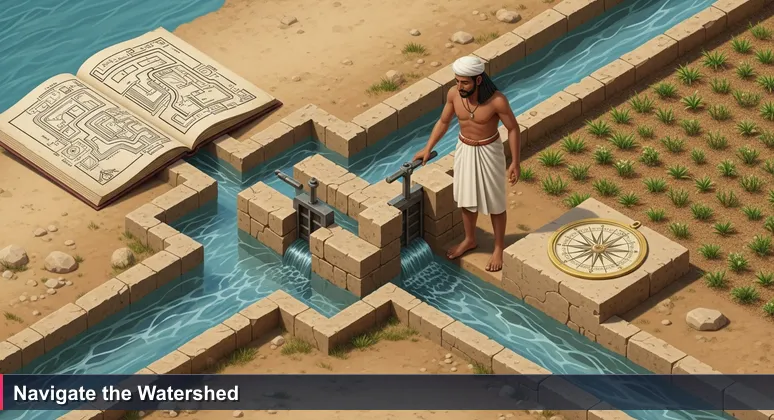 A farmer at dawn choosing which irrigation canal gate to open along the Nile, symbolizing strategic access to tech training funding in Egypt.