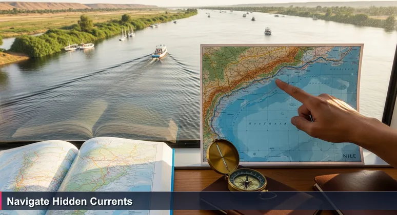 A hand tracing the Nile River on a map of Egypt, with Cairo highlighted and the real Nile visible through a window, symbolizing hidden AI salary dynamics