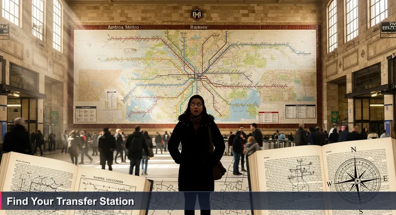 A person in Cairo's Ramses Station examining a colorful metro map overlaid with AI community icons and event names, symbolizing navigation through Egypt's 2026 AI networking ecosystem