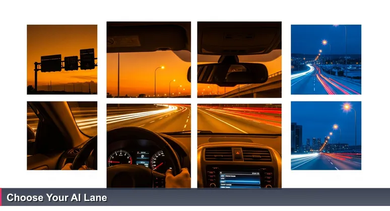 Driver's-eye view from a car on Cairo's 6th of October flyover at dusk, with glowing dashboard and highway signs pointing to tech districts like Smart Village and New Cairo.