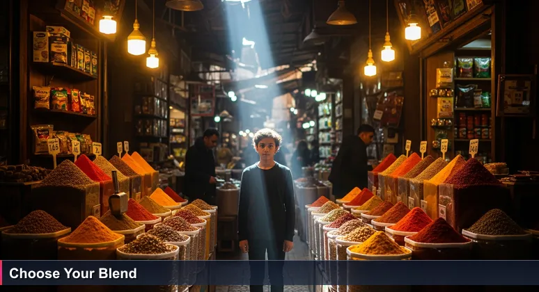 A young person looking overwhelmed in a colorful Cairo spice souk, symbolizing the search for tech career opportunities in Egypt.