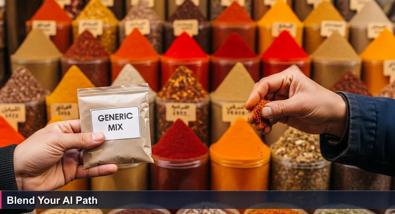 Hands at Cairo's Khan El Khalili spice market comparing a pre-packaged 'Top 10 Spices' mix to a hand-blended sample, symbolizing personalized AI bootcamp choices.