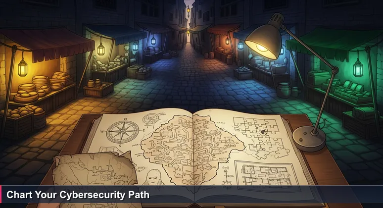 A first-person view of a bustling Khan el-Khalili alley with multiple glowing paths and a torn map, symbolizing cybersecurity career choices in Egypt.