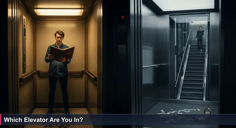 Two elevator cabs side by side in a Cairo building: one old and shaky, one modern and smooth, symbolizing the dual economy of tech salaries in Egypt.