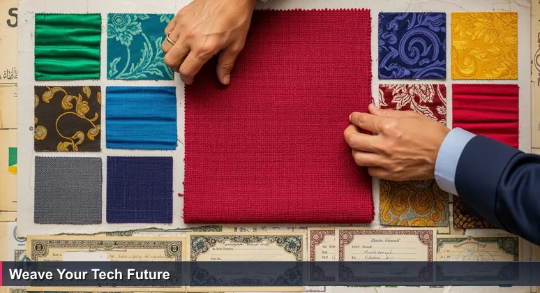 An Egyptian artisan examining vibrant fabric swatches in a dawn market, with ornate certificates discarded nearby, symbolizing skills over degrees in tech hiring.
