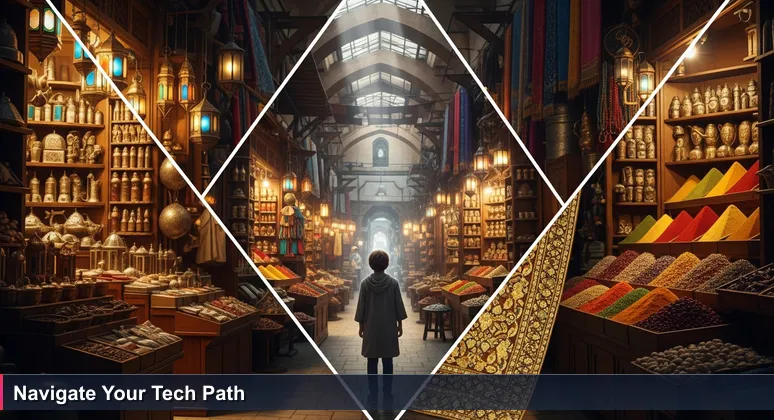 A young developer at a crossroads in Cairo's Khan el-Khalili market, symbolizing career choices in Egypt's vibrant 2026 tech startup scene.