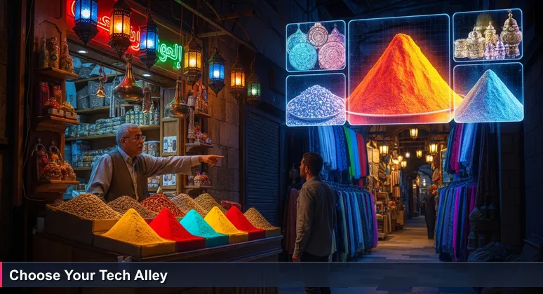 A bustling Egyptian souk at dusk with a vendor pointing down a specific alley, symbolizing guidance through Egypt's women in tech resources and opportunities.