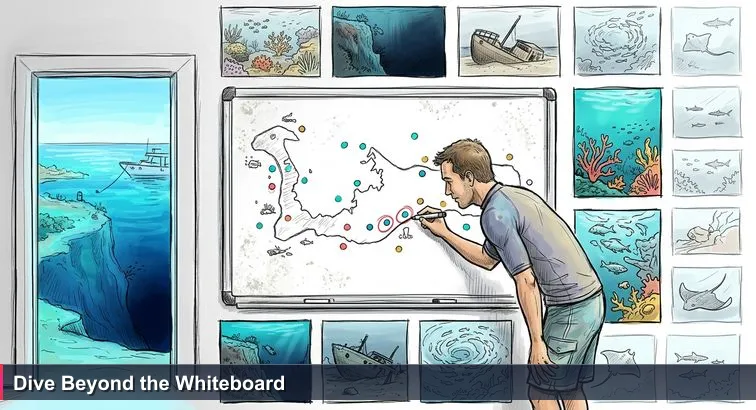 Inside a Cayman dive shop: a salt-stained whiteboard with a hand-drawn island and circled “Top 10” dive sites, a divemaster pointing while turquoise sea glows beyond the open door.