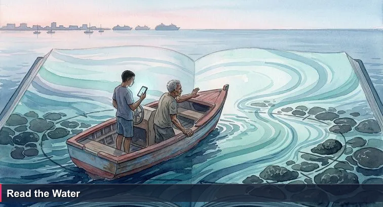 Small Caymanian fishing boat at dawn near the reef; a young skipper watches a glowing GPS while an older captain reads the water, with George Town skyline in the distance.