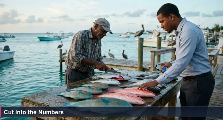 Early-morning George Town dock scene: a wooden table of glistening fish, a young buyer in office clothes holding a phone, and an older Caymanian fisherman poised to cut open a fish.