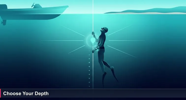 A lone freediver gripping a descent line off the Cayman North Wall; sunlit turquoise water above, a dive boat and Seven Mile shoreline faint in the distance, deep blue below.