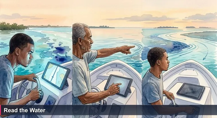 Small Caymanian boat at sunrise leaving North Sound; young person at the wheel looking at a glowing GPS tablet while an older captain points to changing water colours and a sandbar ahead.