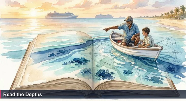 A Cayman fishing captain and young passenger on a small boat at sunrise off George Town; the captain points to subtle bands of turquoise and deep blue in the water while Seven Mile Beach gleams in the distance.