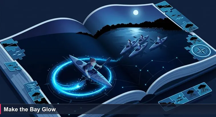 Moonlit kayak on Grand Cayman’s bioluminescent bay with a paddler dragging a hand through water, creating electric-blue glowing trails; silhouetted mangroves and glowing faces in the background