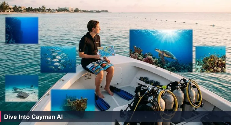 Diver on a small boat off Seven Mile Beach at dawn, half-zipped wetsuit holding a glossy ‘Top 10 Dives’ map, with tanks, fins and mooring balls on calm blue water.