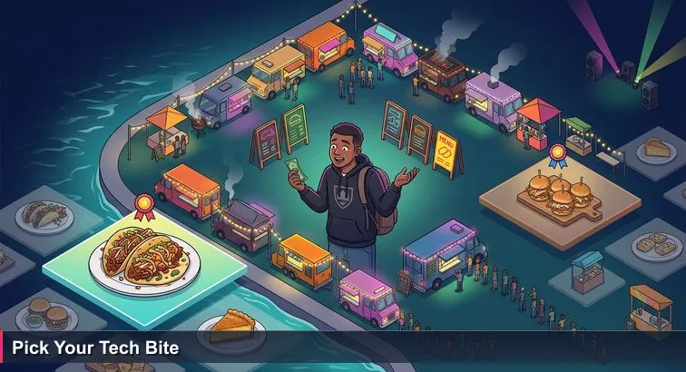 Night festival at Camana Bay with ten lit food trucks along the waterfront and a student in a UCCI hoodie deciding which stall to choose.