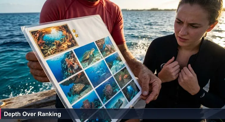 On a small dive boat off Seven Mile Beach at sunrise, a Caymanian instructor holds a laminated 'Top 10 Cayman Dive Sites' chart while a diver studies it against choppy turquoise water and a reef drop-off.