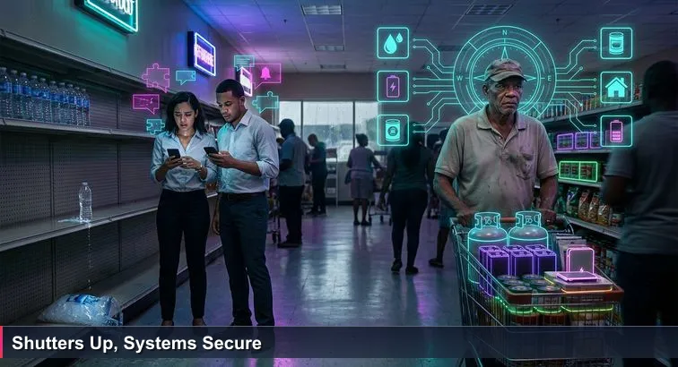 Shoppers at Foster’s Camana Bay amid near-empty water shelves; a young professional couple checks phones while an older Caymanian quietly pushes a cart of batteries, propane and a power bank.