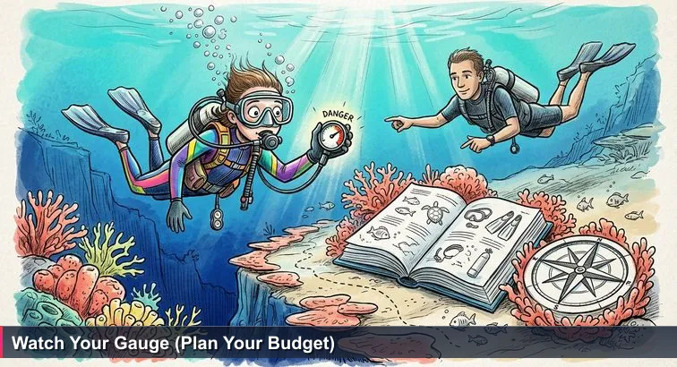 Scuba diver off West Bay staring at a pressure gauge with an instructor nearby, turquoise water, coral reef and a deep blue drop-off in the background.