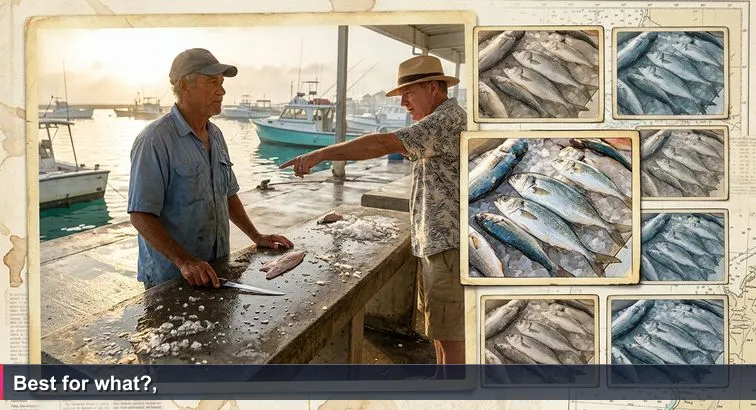 Early morning at George Town fish market: a Caymanian fisherman points at rows of fish while a tourist asks “Which is best?” Overlay suggests free tech training options in Cayman libraries and centres.