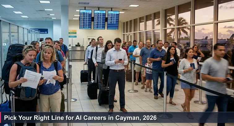 Early evening at Owen Roberts Airport with three immigration lines and an arrivals board, symbolising choice and career queues in the Cayman Islands.