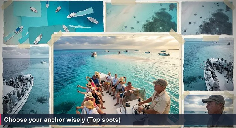 A small tour boat approaching Stingray City at dawn, captain scanning turquoise water while tourists point phones; subtle currents and darker seagrass indicate choice of anchor spot.