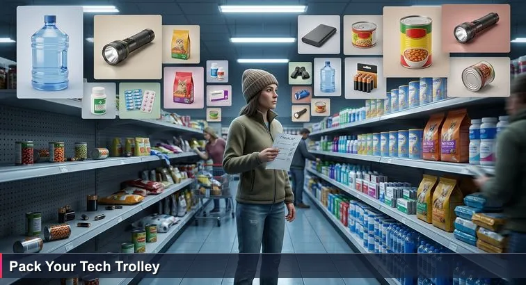 Shoppers in a crowded Foster’s supermarket the night before a hurricane; one person in foreground clutches a crumpled “Top 10 essentials” checklist amid half-emptied shelves.
