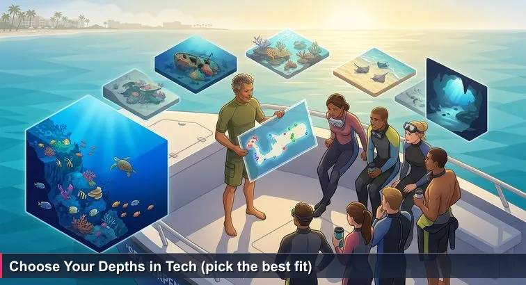 Early-morning dive boat off Seven Mile Beach with a dive master holding a laminated map, developers in wetsuits and coffee, turquoise sea and Camana Bay skyline in the distance.